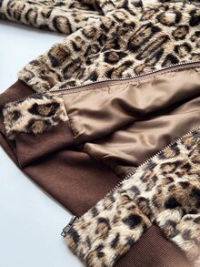 Sunspun Plus Size Women's Plush Patchwork Leopard Print Versatile Long Sleeve Jacket Winter - Brown - View 8