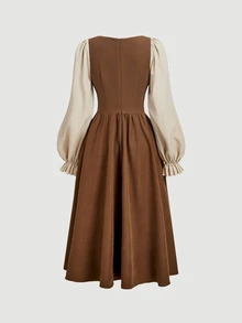 SHEIN MOD Women's 2 In 1 Ruched Waist Eyelet Tie Design Elegant Mid-Length Dress - Camel - View 2