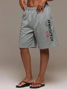 MUSERA 圖案印花鬆緊抽繩腰寬鬆版型短版大尺寸慢跑運動短褲 Jorts 套裝下身單件 可愛日常穿搭 L - 淺灰色 - 查看 3