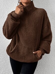 SHEIN EZwear 女款純色落肩長袖半拉鍊口袋休閒運動衫 - 棕色 - 查看 4