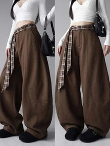 FRIFUL Women's Curved Pocket Wide Leg Loose Casual Long Pants - Brown - View 1
