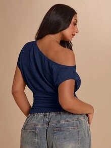 SHEIN BAE CURVE 大尺碼不對稱單肩純色收腰針織T恤 - 藏蓝色 - 查看 3
