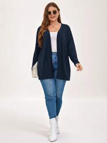 SHEIN LUNE Plus Size Solid Color Minimalist Versatile Long Sleeve Knit Cardigan For Daily Wear - Navy Blue - View 3
