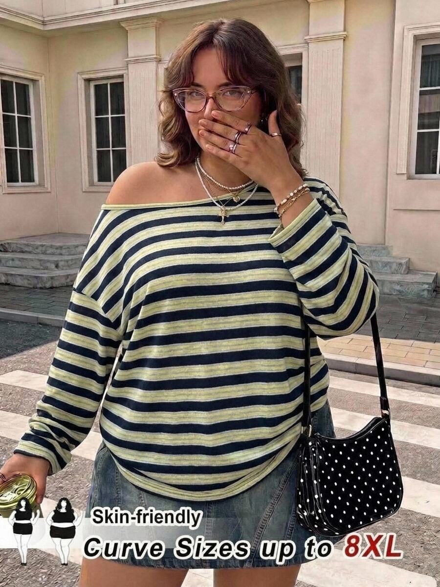 SHEIN CURVE+ 女款大尺碼 22W 秋季/冬季條紋寬鬆大尺碼 T 恤 - 彩色 - 查看 1