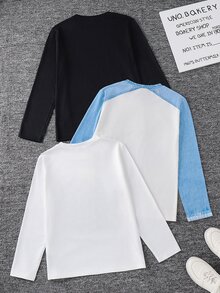 SHEIN 青少年男孩字母印花休閒日常長袖T恤 3件/組 - 彩色 - 查看 2