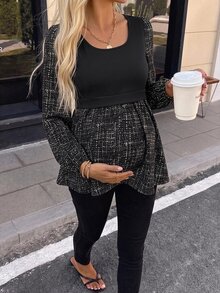 SHEIN قميص كاجوال للحوامل بتصميم رقعات مربعات وياقة دائرية وأكمام طويلة للخريف - الأسود - مشاهدة 2