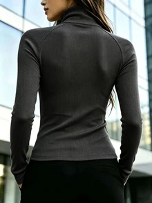 Trelyra 女款純色半拉鍊插肩袖長袖休閒T恤 - 深灰色 - 查看 2