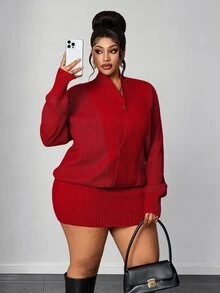 Maweii Plus Size Women's Bodycon Loose Slimming Deep V-Neck Knit Dress, Suitable For Autumn/Winter Innerwear And Outerwear - Red - View 7