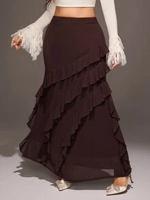 Viva Relle Plus Size Women's Solid Color Ruffle Hem Casual Versatile Skirt - Brown - View 1