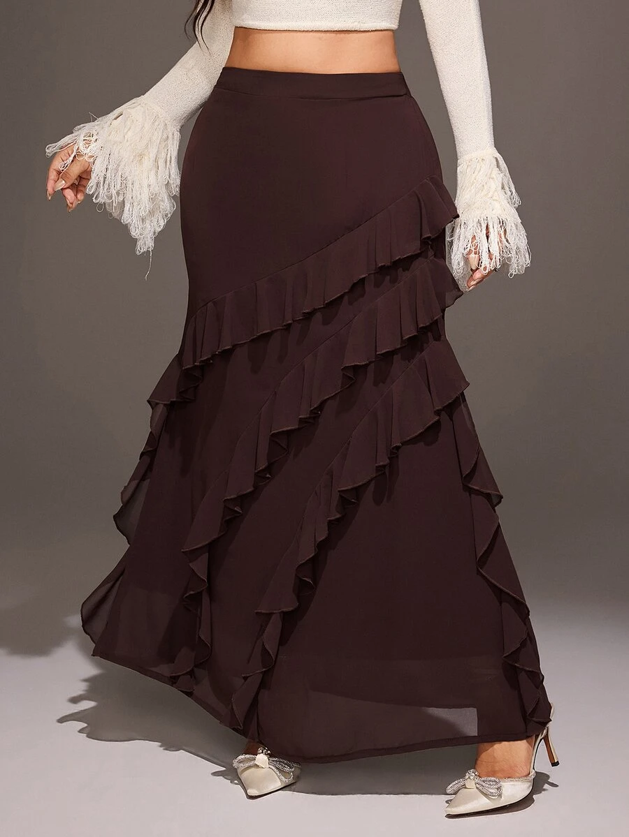 Viva Relle Plus Size Women's Solid Color Ruffle Hem Casual Versatile Skirt - Brown - View 1