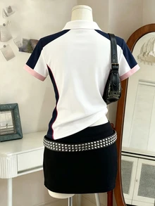 Lalippa Women's Korean Style Striped Color Block Short Sleeve Top - Multicolor - View 2