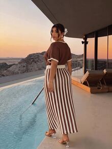 Firerie Plus Size Vintage Vacation Drawstring Tie Contrast Color Knit Dress - Coffee Brown - View 2