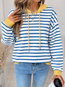 SHEIN LUNE Casual Minimalist Vintage Elegant Commuter Versatile Warm Yellow And Blue Striped Print Pattern, Beach Outfit, Vacation Outfit, Women's Summer Outfit, Round Neck Long Sleeve Loose Fit Women's Sweatshirt - Multicolor - View 8