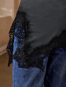 Selenza 棉質黑色蕾絲拼接不對稱T恤，修身版型，側面打褶，圓領，短袖，極簡優雅，日常百搭，通勤，夏季新款上衣 - 深灰色 - 查看 8