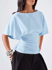 LYSMO Women's Casual Comfortable Wide Collar Light Blue Ruched Waist Mid-Length Sleeve Top - Baby Blue - View 1
