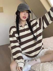 FRIFUL Women's Striped Polo Collar Casual Drop Shoulder Long Sleeve Loose Fit T-Shirt Fall - Brown - View 5
