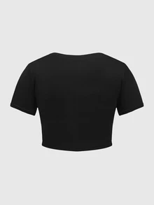 ROMWE Goth Spring/Summer Tooth Print Plus Size Women's Fitted T-Shirt - Black - View 4