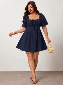 Enliva Plus Size Women's Spring/Summer New Casual Daily Outfit, Suitable For Party, Date, Birthday, Music Festival, Back To School, Commute, Vacation And Other Occasions, Ruffle Short Sleeve Dress, Cold Shoulder Design, Soft Cotton Blend Fabric, Loose Fit, Short Length, Black, Plus Size Available - Navy Blue - View 10