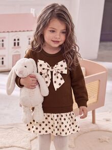SHEIN 嬰兒 9M-3Y 黑白可愛大蝴蝶結運動衫洋裝，優雅休閒，適合外出與幼兒園上學穿著，秋冬款 - 咖啡棕 - 查看 7