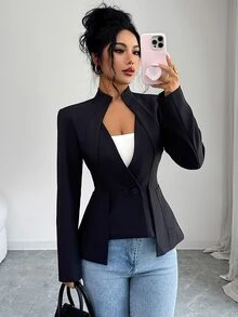 Omancia Women's Black 2 In 1 Notch Lapel Slim Fit Office Blazer - Black - View 3