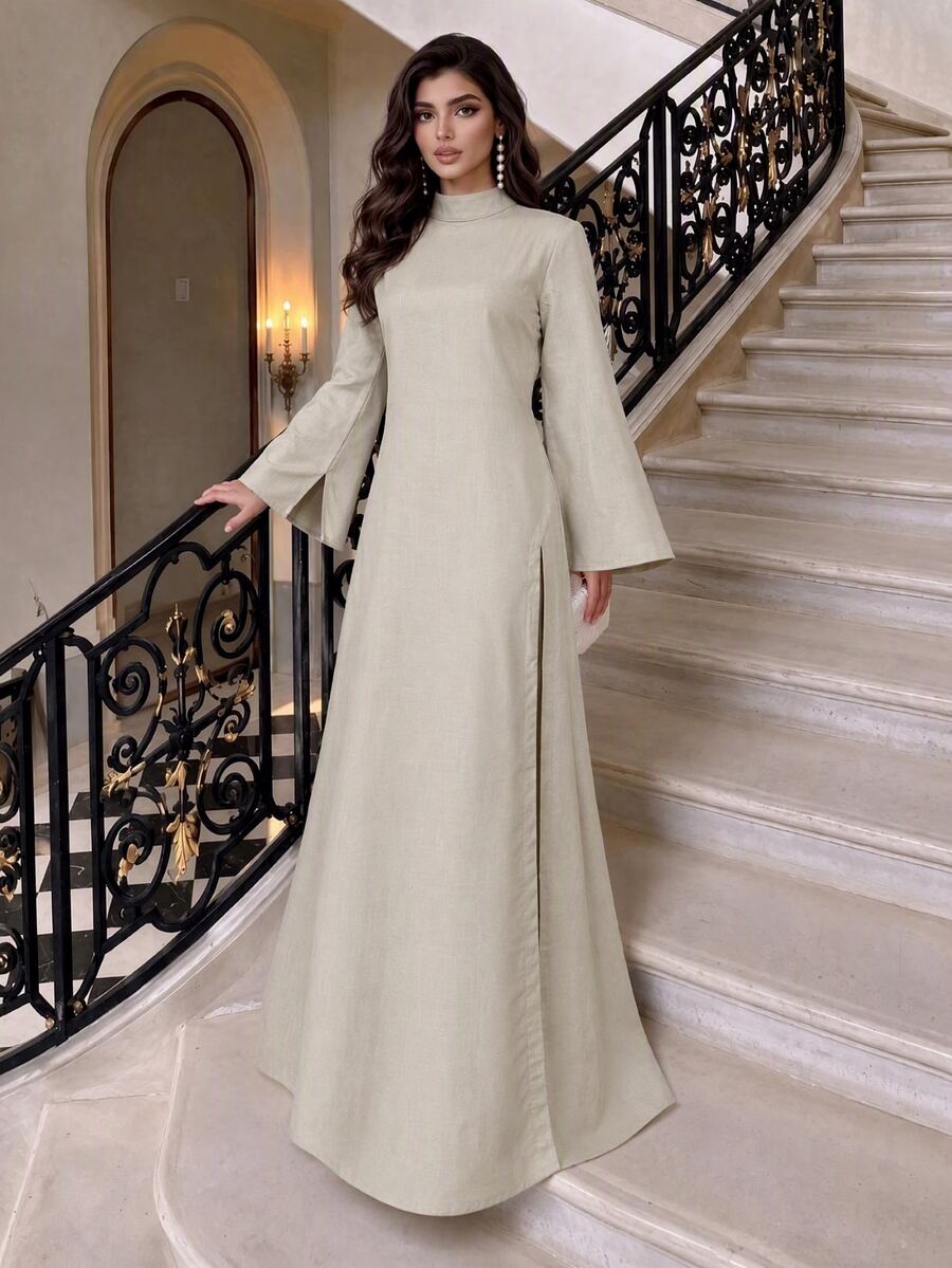 Al Najma Women's Long Elegant Casual Daily Robe With Waist Cinched And Split Hem - Apricot - View 1