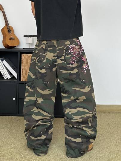 STEELVANCE Streetwear Retro Fashion Versatile Embroidered Design Loose Straight Wide Leg Casual Denim Jeans (Belt And Accessories Not Included)