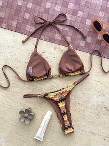 Swim Mod Women's 2026 Spring/Summer New Textured Fabric Small Sun Metal Decor V-Neck Backless Triangle Wrap Rope Studded Bikini Swimsuit 2 Pieces Set - Khaki - View 2