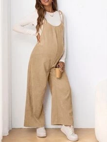 SHEIN Jumpsuit Panjang Pas Badan Kasual untuk Ibu Hamil dengan Tali Bahu Tipis dan Pita. - Unta - View 1