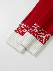 SHEIN Christmas Snowflake Pattern Knit Mini Dress Crew Neck Long Sleeve Bodycon Sweater Dress - Red and White - View 6