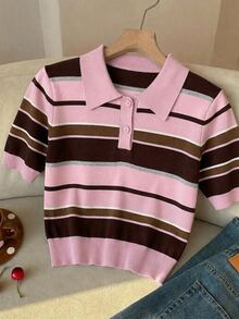 SHEIN EZwear 女款針織素色超火小眾學院風品牌，爆紅熊系列，超可愛 Polo 領短袖，適合春夏穿著 - 彩色 - 查看 6