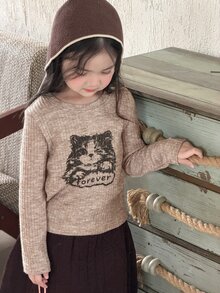 Dazy Kids (少女) 有領短袖紋理鏤空設計T恤 - 卡其色 - 查看 1