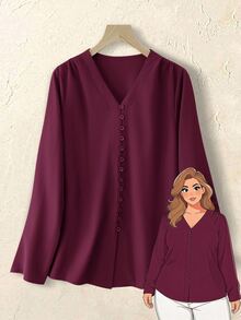 Rusticease Plus Size Solid Burgundy V-Neck Long Sleeve Button Front Casual Shirt Fall Winter 2026 - Burgundy - View 8