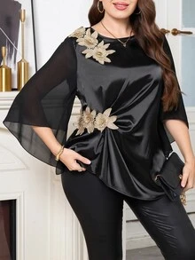 SHEIN Clasi Plus Size French Style 3D Floral Decor Pleated Satin Blouse - Black - View 1