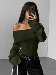 SHEIN Clasi 翻領單字領素色套頭毛衣 - 軍綠色 - 查看 3