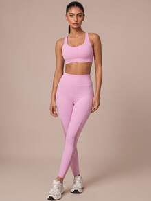 SHEIN BAE Women's Pocket Mesh Patchwork Sports Leggings - Baby Pink - View 7