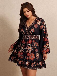 Elaquor Plus Size Vintage Fashion Floral Print Long Sleeve Dress - Multicolor - View 4