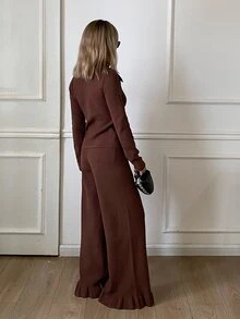 Livesso Women's 2pcs Set Brown Round Neck Long Sleeve Knit Sweater And High Waist Slim Fit Ribbed Knit Pants, Autumn/Winter - Brown - View 2