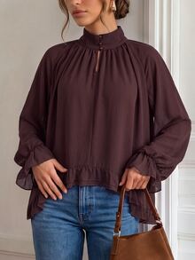 Easowa Stand Collar Ruffle Loose Chiffon Blouse, Casual Relaxed Elegant Commute Old Money Style Autumn/Winter Women's Shirt - Chocolate Brown - View 4