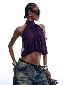 LYSMO Women's Casual Deep Purple Cropped Fashion Halter Neck Tank Top - Purple - View 6