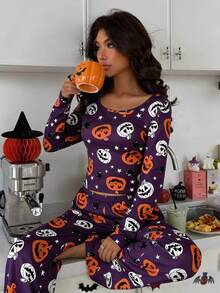 ZzzCrew Set Piyama Wanita Seksi Lengan Panjang Motif Kartun Halloween - MultiWarna - View 1