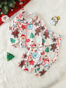 SHEIN 中性嬰兒男/女童 幼兒 2件組可愛聖誕睡衣居家服套裝 冬季聖誕睡衣套裝 - 杏色 - 查看 6
