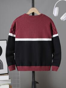 SHEIN 兒童青少年男孩休閒圓領拼色毛衣，適合秋冬、聖誕節、聖誕派對、跨年夜、通勤、上學、日常休閒外出、運動 - 紅色 - 查看 3