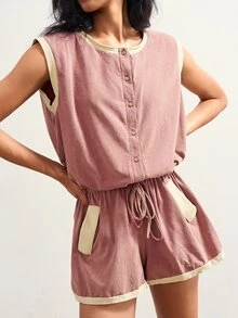 Bohemela Women's Contrast Trim Drawstring Waist Romper - Dusty Pink - View 2