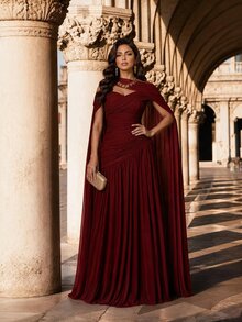 SHEIN Lady Đầm nữ size lớn màu trơn thiết kế bất đối xứng xếp ly thanh lịch cho Giáng Sinh - Đỏ - Xem 7