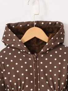 SHEIN Vintaside Kids 1件女童2025冬季新款復古卡其色花卉保暖內裡拉鍊連帽外套，彈性腰部，加厚保暖時尚戶外通勤百搭防寒夾克 - 棕色 - 查看 4