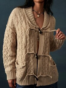 Bohemela Women's Horn Button Drop Shoulder Long Sleeve Knit Cardigan - Khaki - View 7