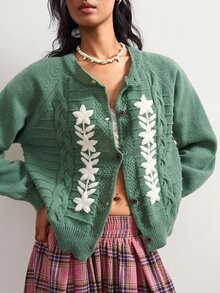 Bohemela Women's Applique Raglan Long Sleeve Casual Knit Cardigan - Green - View 3