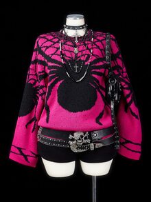 Sunspun Plus Size Women's Spider Pattern Round Neck Long Sleeve Casual Sweater Winter - Multicolor - View 2