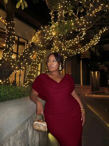 Firerie Plus Size Elegant Party Solid Color Cowl Neck Dress - Red - View 4