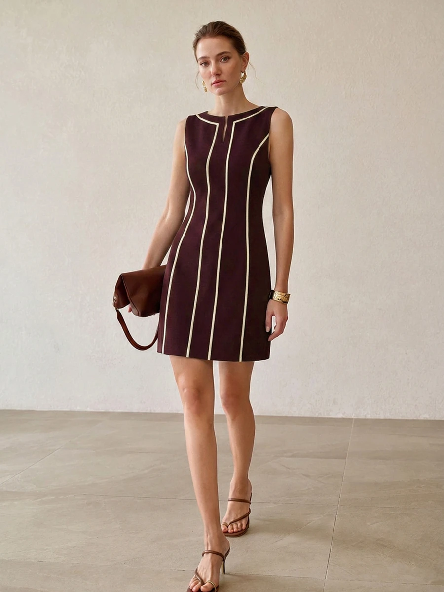 MOTF PREMIUM CONTRAST STRIPED PATTERN NOTCH NECK SLEEVELESS SHORT DRESS - Red Violet - View 1
